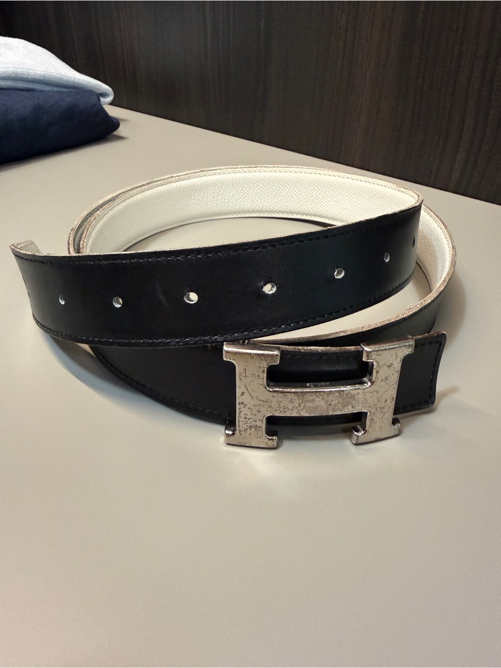 Hermes Black and White Reversible Belt with Silver H Buckle